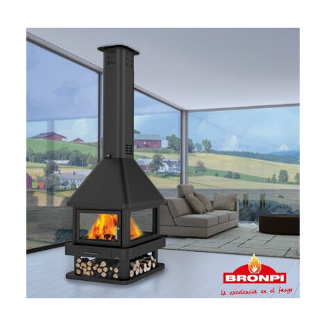 Azura Home Design – Poêle à bois CABIMAS 16 kW – 4 faces vitrées – Finition peinture gris anthracite résistante 650°C – Pour bûches jusqu'à 60 cm