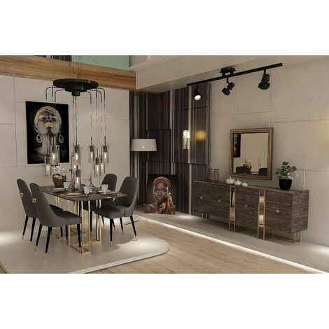 Azura Home Design – Salle à manger complète AYA 6 places – Panneaux mélaminé effet marbre et doré – Chaises en velours et métal – Buffet élégant 200 cm