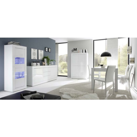 Azura Home Design – Salle à manger complète 6 places en blanc laqué – Table extensible 137(185)x90cm – Buffet 2 portes + 3 tiroirs – Vitrine 2 portes