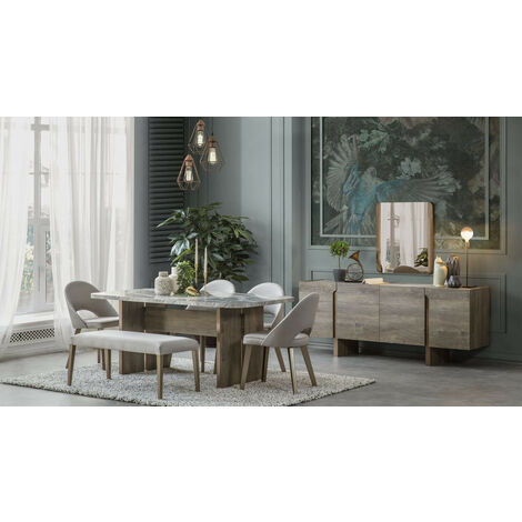Azura Home Design – Salle à manger complète 6 places en bois mélaminé – Buffet 200x45 cm – Chaises en tissu tricot – Design élégant pour intérieur convivial