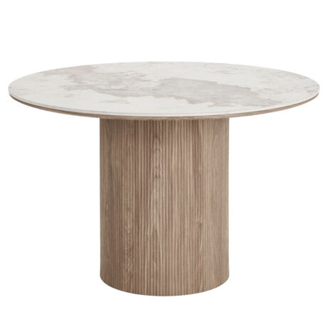 Azura Home Design – Table de salle à manger ronde 120cm – Plateau en céramique effet marbre – Piètement en bois cylindrique – Accueille 4 à 6 convives