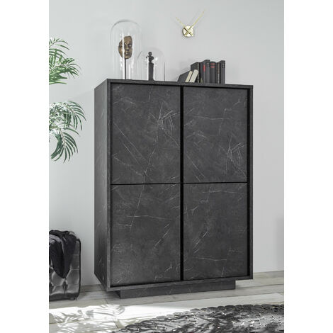 Azura Home Design – Vaisselier 4 portes finition marbre noir 92x145x43 cm – 3 étagères internes – Fabrication italienne – Mélaminé haute densité