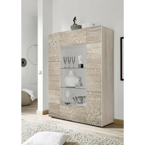 Azura Home Design – Vitrine 2 portes vitrée 121 cm – Chêne – Panneaux de particules 16 mm – Charnières et poignées métal – Design sérigraphié