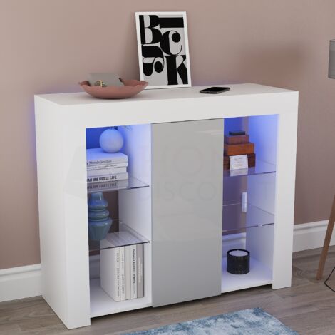 Azura LED Sideboard Large 1 Door Modern High Gloss Storage Cabinet Cupboard, White-&-Grey