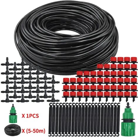 (B-100 pièces) Kit d'arrosage goutte à goutte réglable avec micro-buse et tuyau PVC, accessoires inclus.
