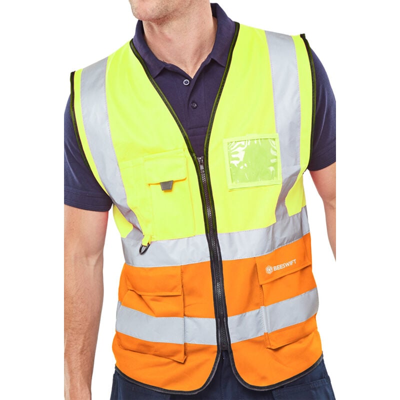 Beeswift hi-vis two tone executive id vest saturn yellow / orange xs