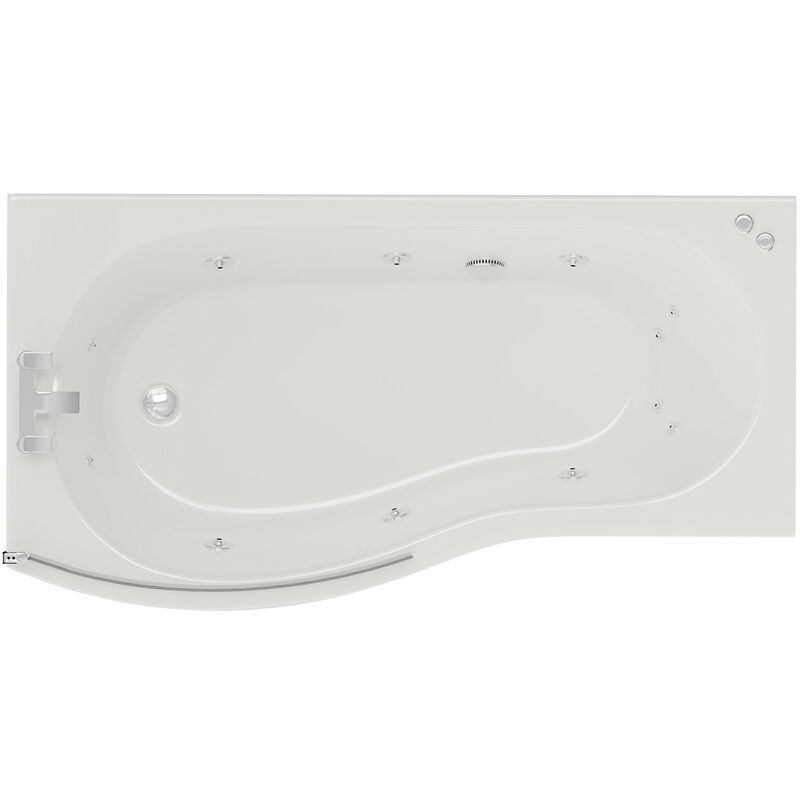 Bayou - 1700mm 12 Jet Chrome V-Tec Left Hand b Shaped Whirlpool Shower Bath with Bath Screen and Front Bath Panel - White