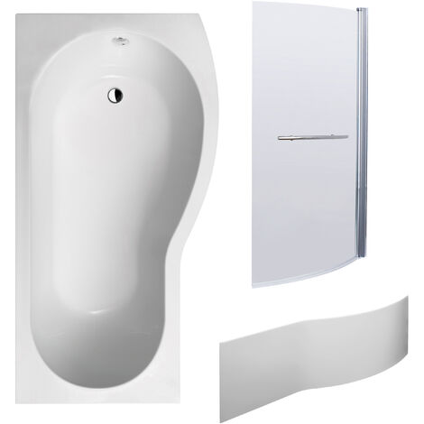 B Shape 1700x900 Right Hand Shower Bath Set – B Front Panel, Chrome Screen with Towel Rail & Leg Set