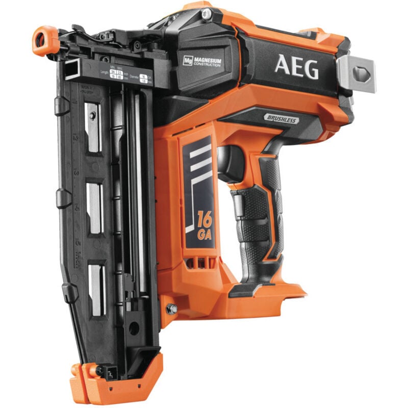 

Clavadora de acabado 16Ga Brushless 18V sin batería ni cargador 1,6 mm (19 a 65 mm de longitud) - B16N18-0 - AEG