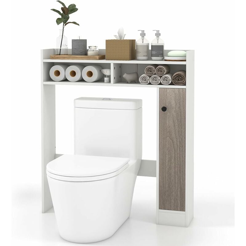 Meuble wc au-Dessus de Toilettes, Meuble de Salle de Bain avec 2 Compartiments et 1 Placard de Rangement avec Étagères Réglables, Dispositif