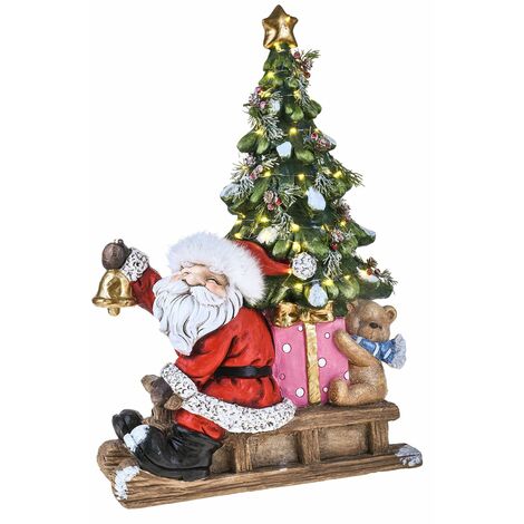 Babbo Natale con campana, albero natalizio e slitta in resina da 50 cm
