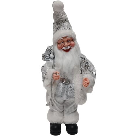 Babbo Natale con pailettes color argento con carillon e movimento testa decorazione natalizia -Seduto / 75 cm