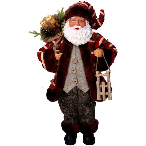 Babbo natale in tessuto marrone e rosso con slittino cm xh45
