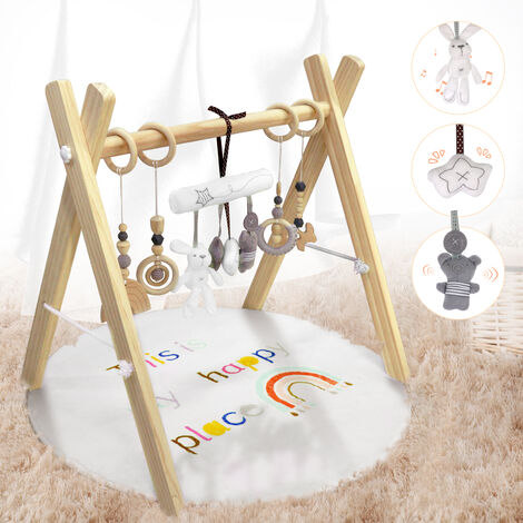 Baby Aktivitätsspielzeug Superweicher Baby-Weckmatte und Aktivitätsmatte Transportable aus Holz für Babys, Kissen und 8 abnehmbare Spielzeuge, ultraweich