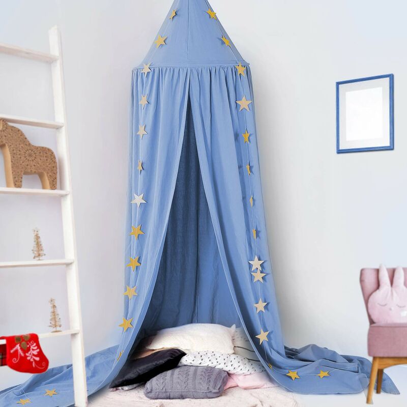 Baby Bed Canopy, Bed Canopy, Toddler Bed Curtain, Cotton Decorative Mosquito Net for Princess Tents, Crib Bedroom Decor with Star Garland (Gray)