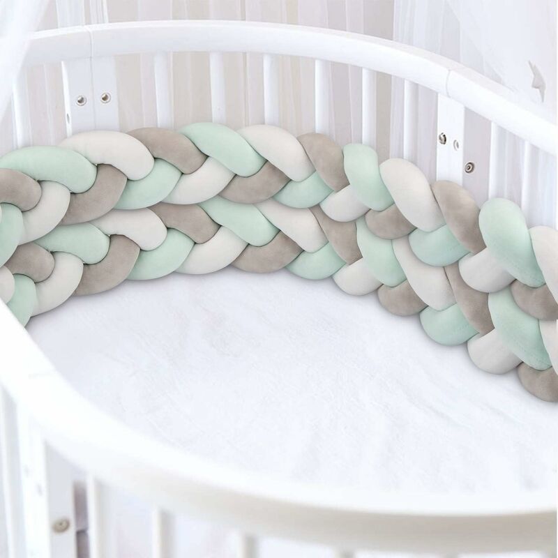 Baby Crib Bumper 300cm/118inch Baby Pillow Velvet Woven Snake Crib Bumper Plush Knotted Braided Bumper for Newborn Crib Sleeping (Gray+White+Green)