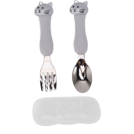 Baby-Edelstahllöffel und -gabel mit PP-Griff, niedliches Design für Kinder und Kätzchen.