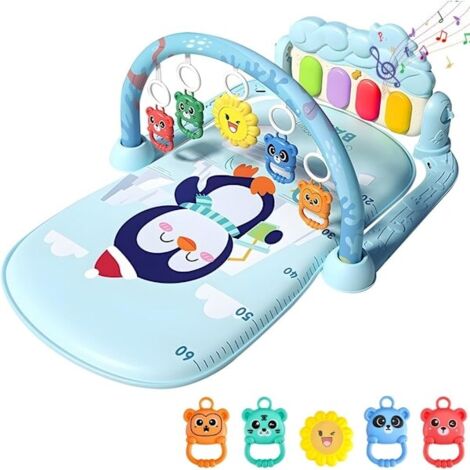 Baby Gym Play Mat - Washable Kick and Play Piano Mat with 5 Detachable Toys for Newborn Infants (Blue)