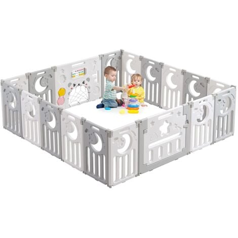 YOLEO Baby Laufstall XXL Schutzgitter Umweltfreundlicher Kunststoff Baby Laufstall Kunststoff Schutzgitter mit Tür (16+2 Paneele) - Grau