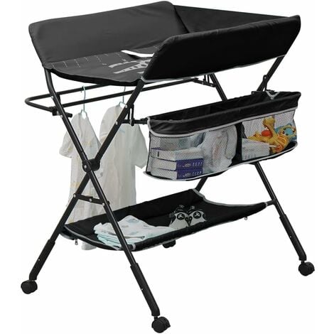 NICEME Baby Nappy Changing Table with Wheels and Storage, Folding Infant Care Station, Height Adjustable Changing Unit, Backache-Free Diaper Changing, Under 24 Month (Black)