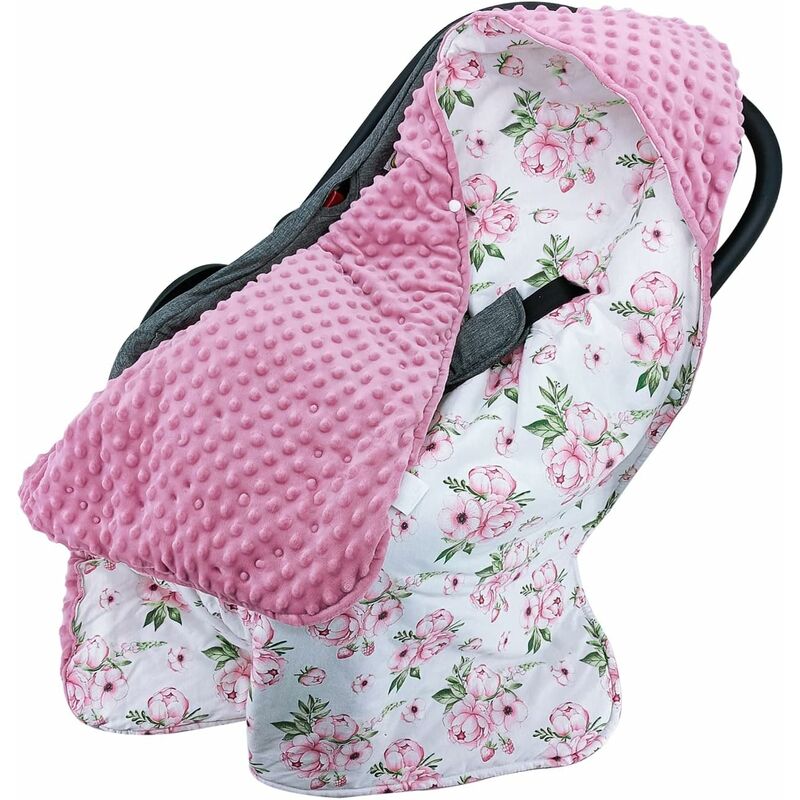 Baby Swaddling Blanket Car Seat Bunting 90x90cm Blanket with Soft and Fluffy Cotton Hood for Strollers and Pushchairs, Pink Flowers