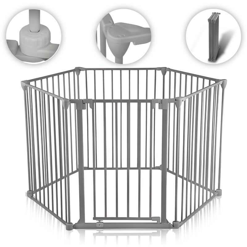 Baby Vivo - Barrière Parc en Métal 380 cm xxl / Grille pour Cheminée 5+1 Securité Enfant en Gris (5 barreaux avec une porte) - premium