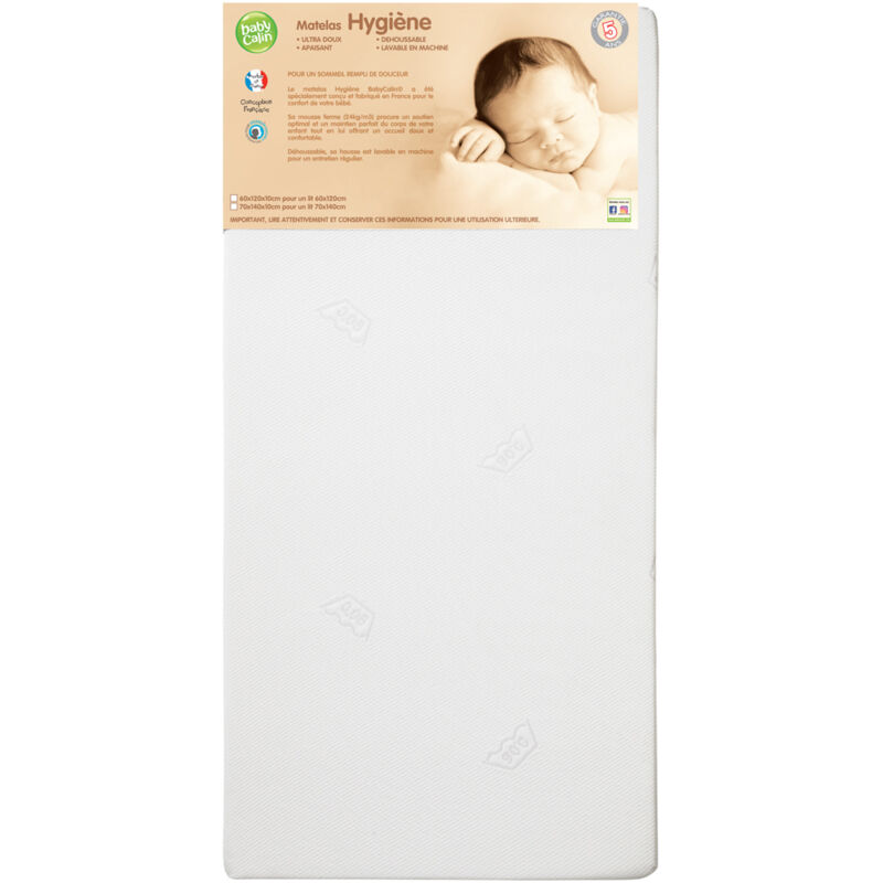 Babycalin - Matelas hygiène déhoussable lit bébé 60 x 120 cm - 100% polyuréthane - Blanc