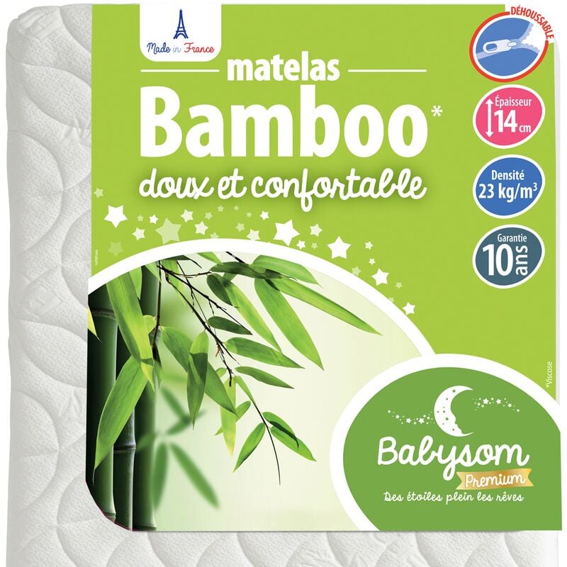 Matelas Bébé Bamboo - 60 x 120cm - Epaisseur 14cm - Déhoussable - Sans Traitement Chimique - Garantie 10ans - blanc - Babysom