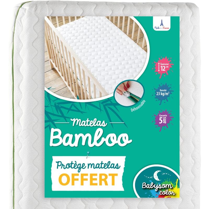 Babysom - Matelas Bébé Bamboo + 1 Protège matelas Imperméable OFFERT - 60x120cm - Déhoussable - Epaisseur 12cm - blanc