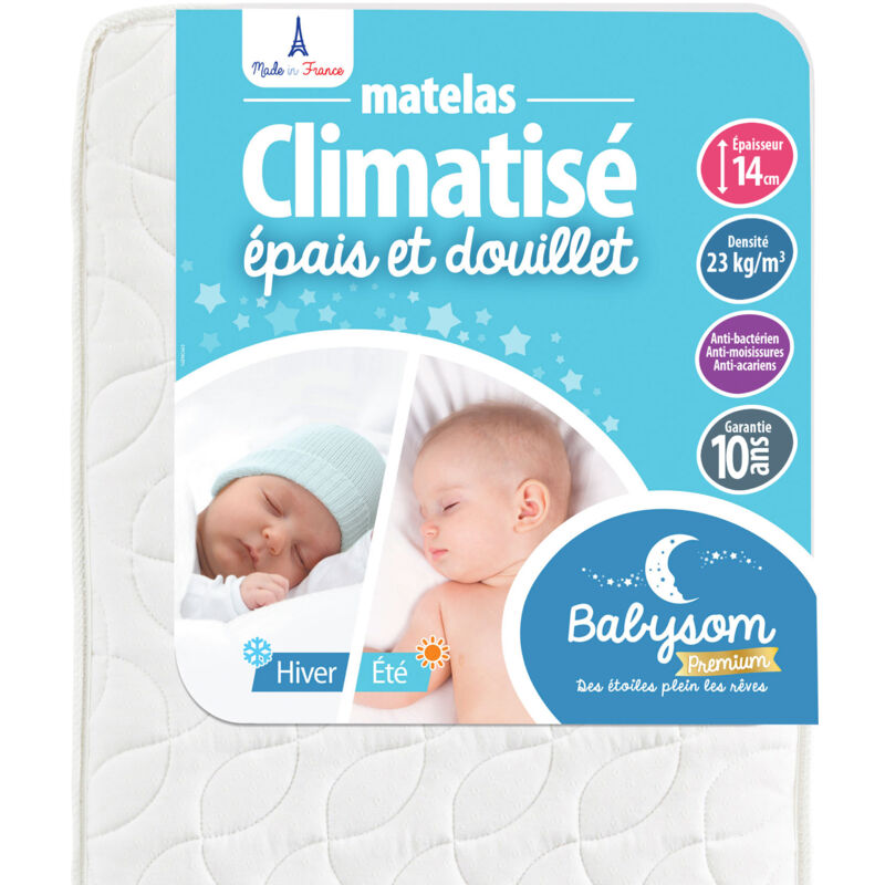 Babysom - Matelas Bébé Climatisé Eté/Hiver - 70 x 140cm - Epaisseur 14cm - Anti acarien - Fabrication francaise - Garantie 10ans