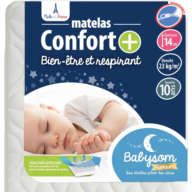 Matelas Bébé Confort+ - 60x120cm - Ultra Ventilé - Déhoussable - Epaisseur 14cm - Garantie 10 ans - blanc - Babysom