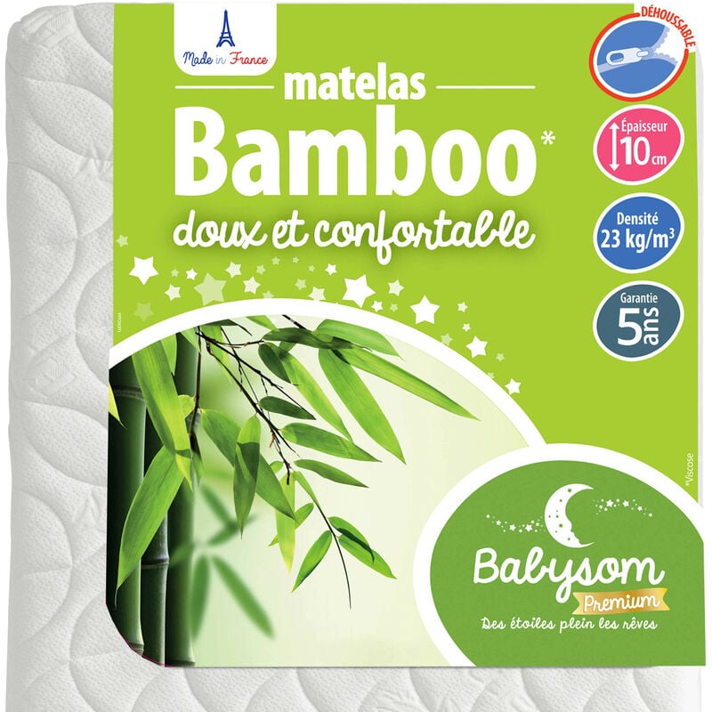 Babysom - Matelas Enfant/Bébé Bamboo - 70x140 cm Déhoussable Sans Traitement Chimique Épaisseur 10 cm