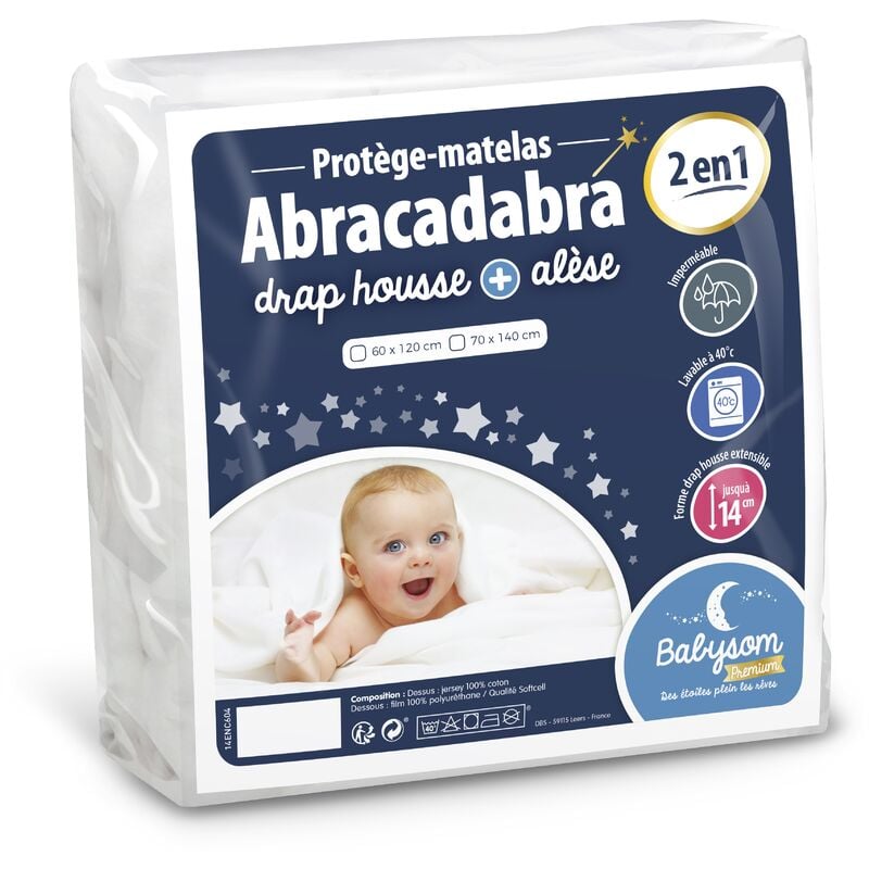 Babysom - Protège Matelas Bébé 2 en 1 - 70x140 cm - Drap housse + Alèse Imperméable - Jersey 100% Coton - Souple et Silencieux - blanc