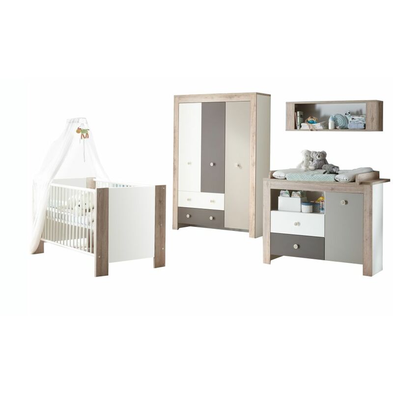 Babyzimmer Bea 4-tlg Babybett + Wickelkommode inkl Wickelauflage + Kleiderschrank + weiß - braun