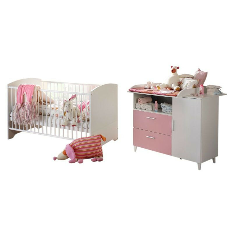Babyzimmer Elisa 2 - 4-tlg Babybett Wickelkommode Kleiderschrank weiß - rosa Bett + Wickekommode