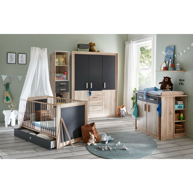 Babyzimmer Emy 'Kiruna' 6 Teile in Eiche San Remo und Graphit mit Soft Close mit Kleiderschrank, Kinderbett Babybett und Umbauseiten, Wickelkommode