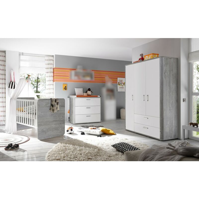 Babyzimmer Frieda in Vintage Wood Grey 6 teiliges mit Kleiderschrank, Kinderbett Babybett mit Lattenrost und Umbauseiten, Wickelkommode und