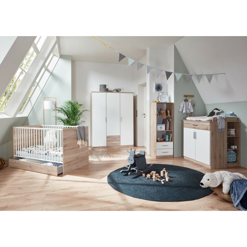 Babyzimmer Kiel 7 teilig in Weiß und Eiche San Remo mit Kleiderschrank, Kinderbett Babybett mit Lattenrost, Bettschubkasten und Umbauseiten,