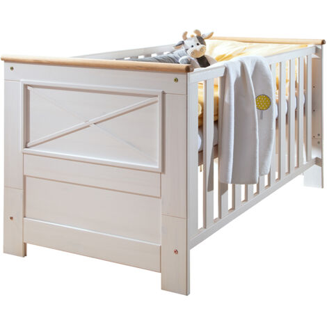 Babyzimmer Kinderbett Gitterbett 70x140cm Kiefer weiß mit Eiche, KOLOMEA-69