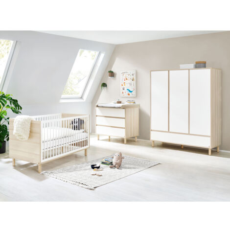 Babyzimmer Kombination inkl. Wickelaufsatz abnehmbar FERRARA-134 in weiß mit Esche Dekor