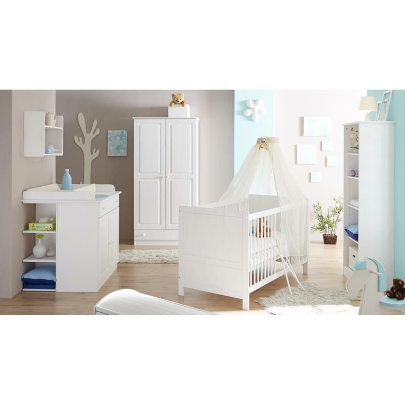 Babyzimmer Komplett LUZERN-22 massiv weiß , Babybett, Kleiderschrank, Wickelkommode mit Anstellregal und Standregal