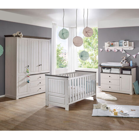 Babyzimmer komplett Set Kiefer weiß mit grau JAANIKA-69, 4-teilig