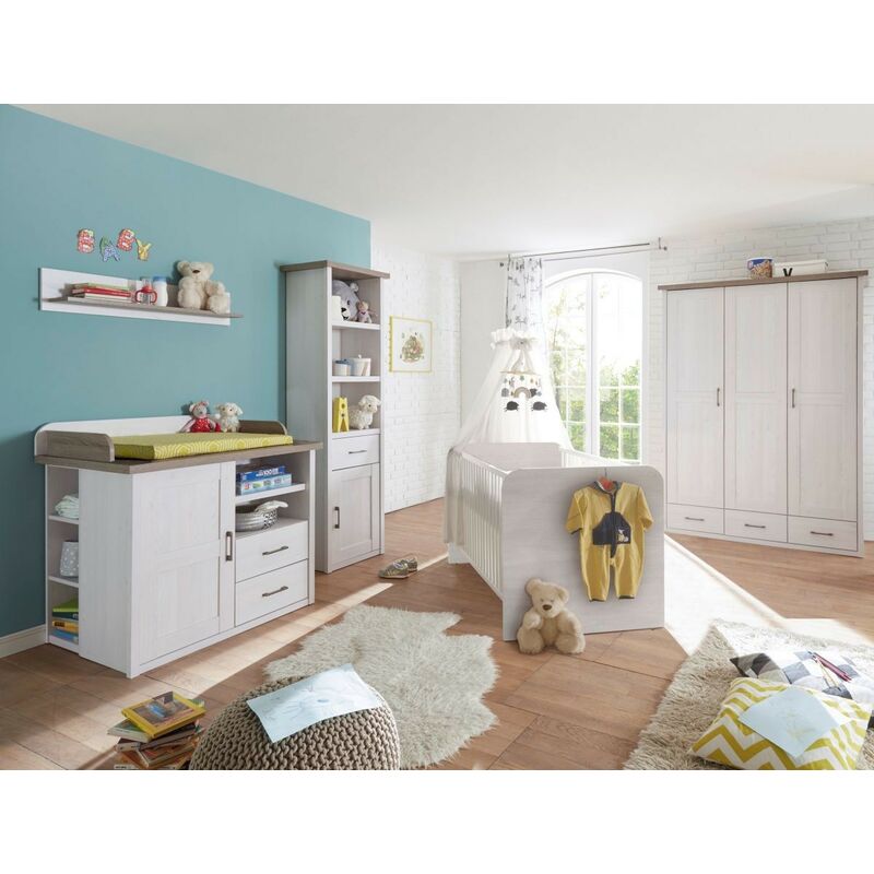 Babyzimmer Luca in Pinie Weiß und Trüffel 4 teilig mit Kleiderschrank, Kinderbett Babybett mit Lattenrost, Wickelkommode und Standregal