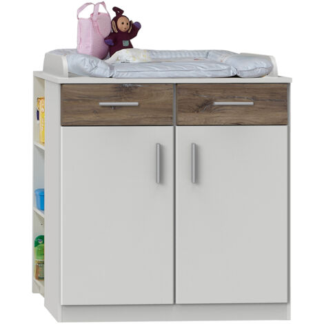 Babyzimmer Wickelkommode mit Unterschrank JOHANNESBURG-43 in weiß mit Eiche Nb., B/H/T: ca. 91/101/75 cm
