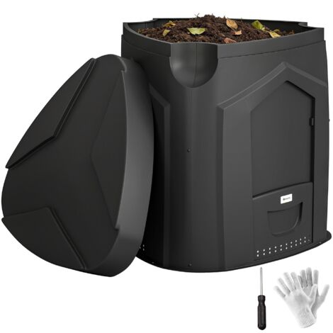 Bac à compost de jardin triangulaire rotatif de 240 L, 66 aérations et 3 portes, en matériau PP, dimensions 78 x 75 x 78 cm, noir.