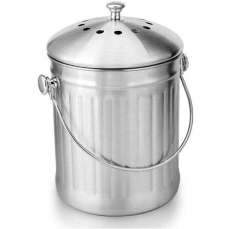 Bac à compost inodore en acier inoxydable pour la cuisine – conteneur à compost de cuisine – avec filtre à charbon de rechange (acier inoxydable brillant, 5 litres)