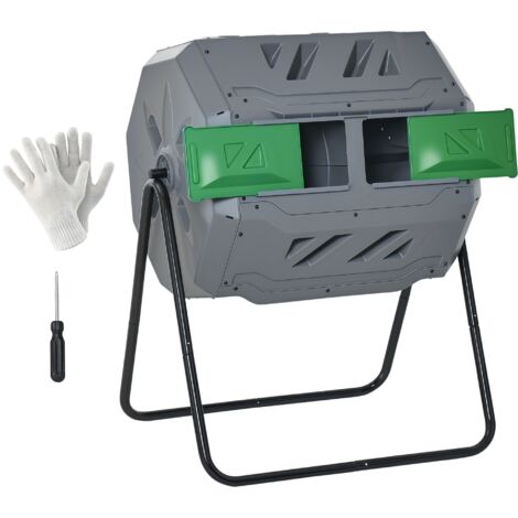 Bac à Compost Rotatif 2 Sections avec 8 Aérations, Acier et PP, 71x65x96 cm, Gris