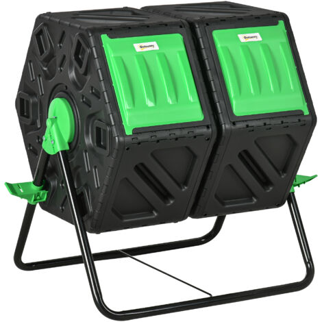 Bac à compost rotatif 360° double chambre 130 L acier PP noir 67x60x77 cm