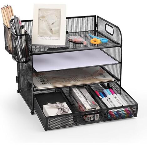 Bac à courrier en Maille, Organiseur de Bureau, Porte-Documents A4 pour la Maison, Le Bureau, l'école (Maille Métallique-4 Niveaux + Tiroir + Porte Stylo)