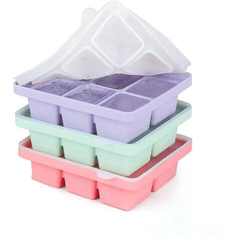Bac à glaçons avec couvercle, lot de 3 (18 glaçons), moules à glaçons en silicone, grands, flexibles, empilables et faciles à utiliser.